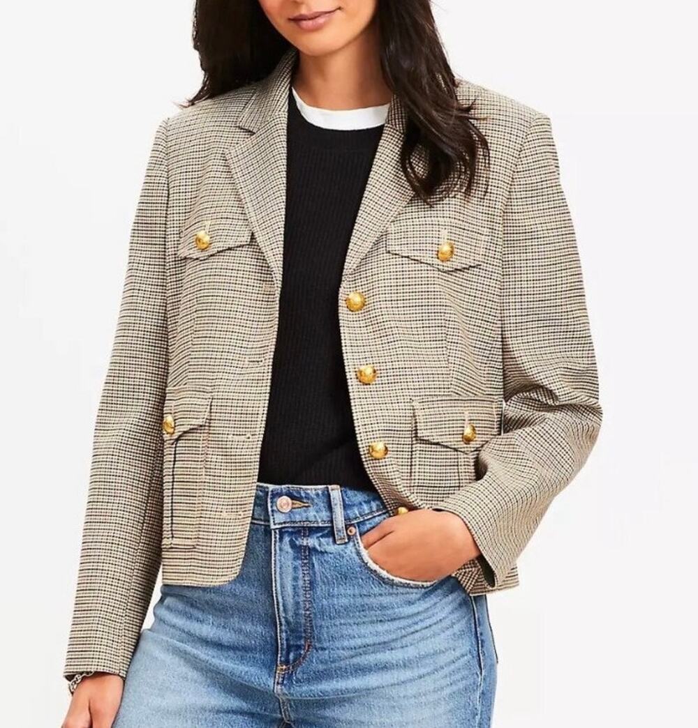LOFT Plaid Eisenhower Utility Jacket XL Gold Button Houndstooth Blazer Academia